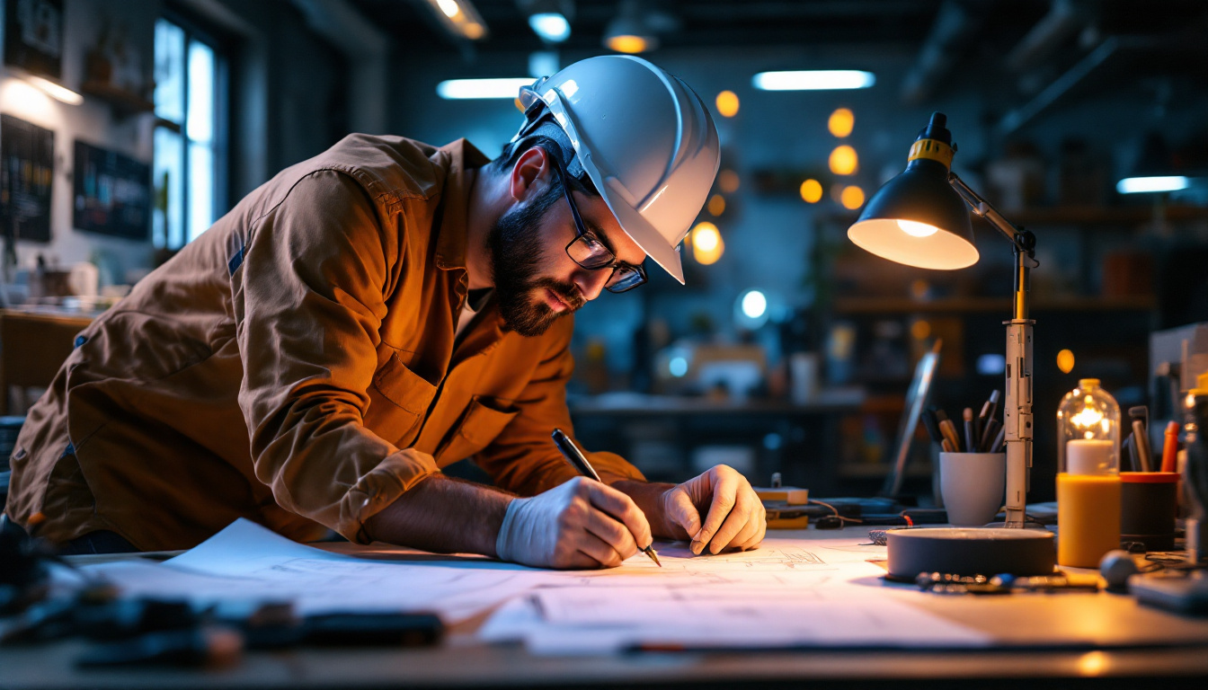 A photograph of a skilled electrical engineer working intently on a high-tech lighting design project