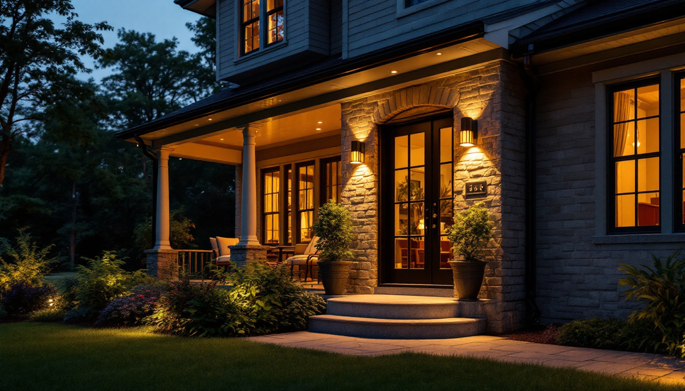 A photograph of a beautifully illuminated porch featuring outdoor led lights at dusk