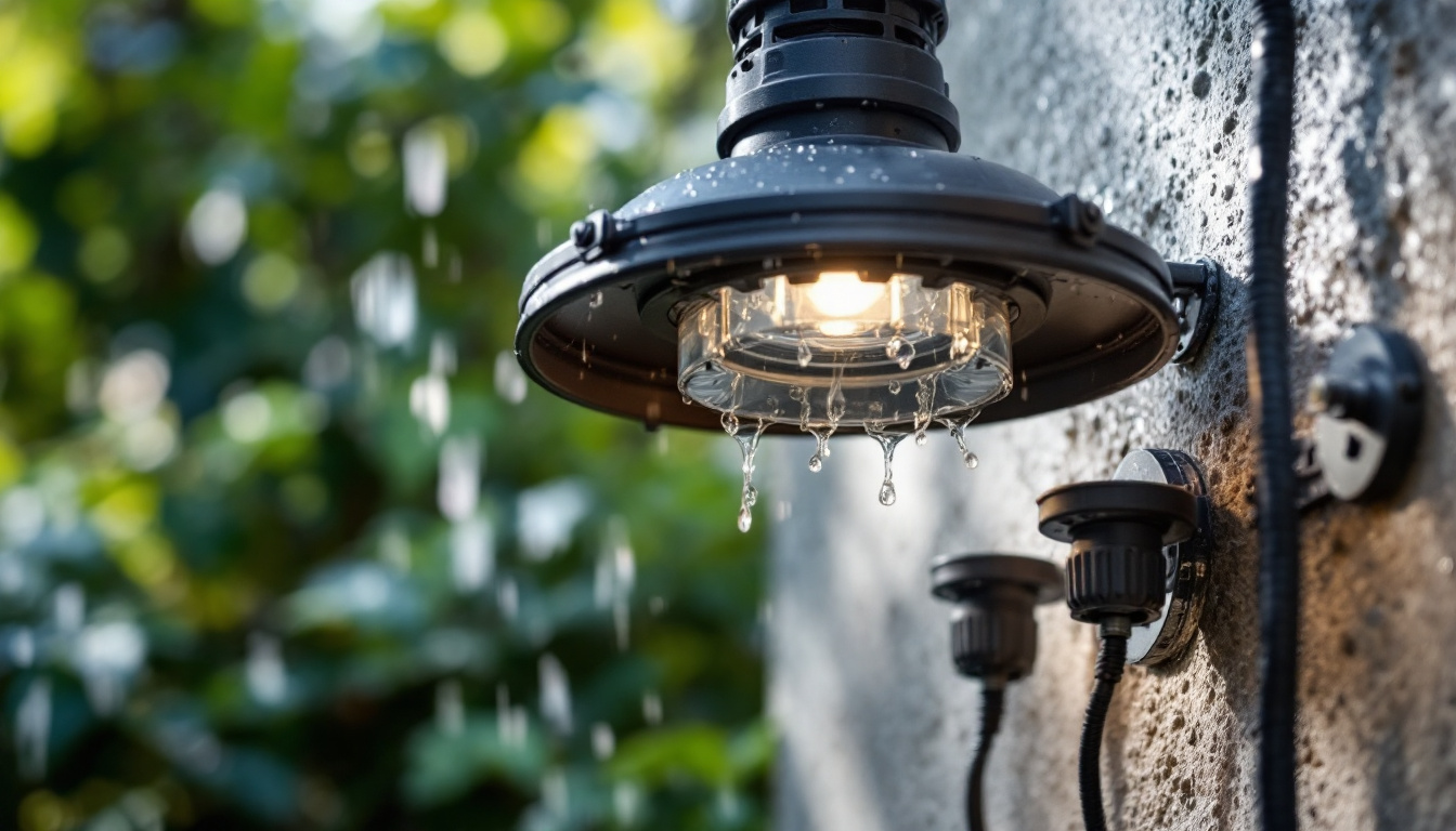 A photograph of a close-up of weatherproof connectors being installed in an outdoor lighting fixture