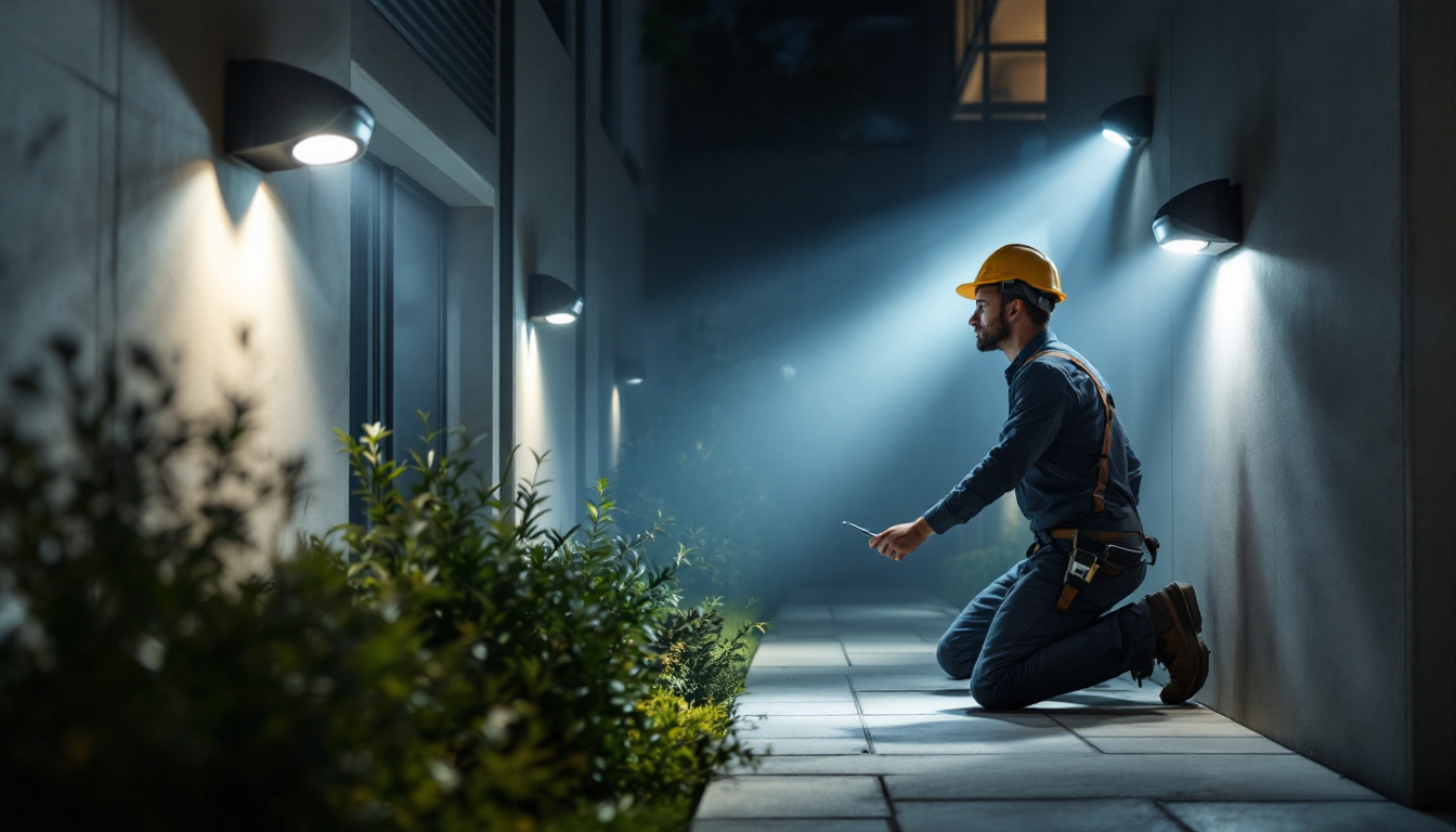 A photograph of a well-lit outdoor space showcasing various motion detector lights in action