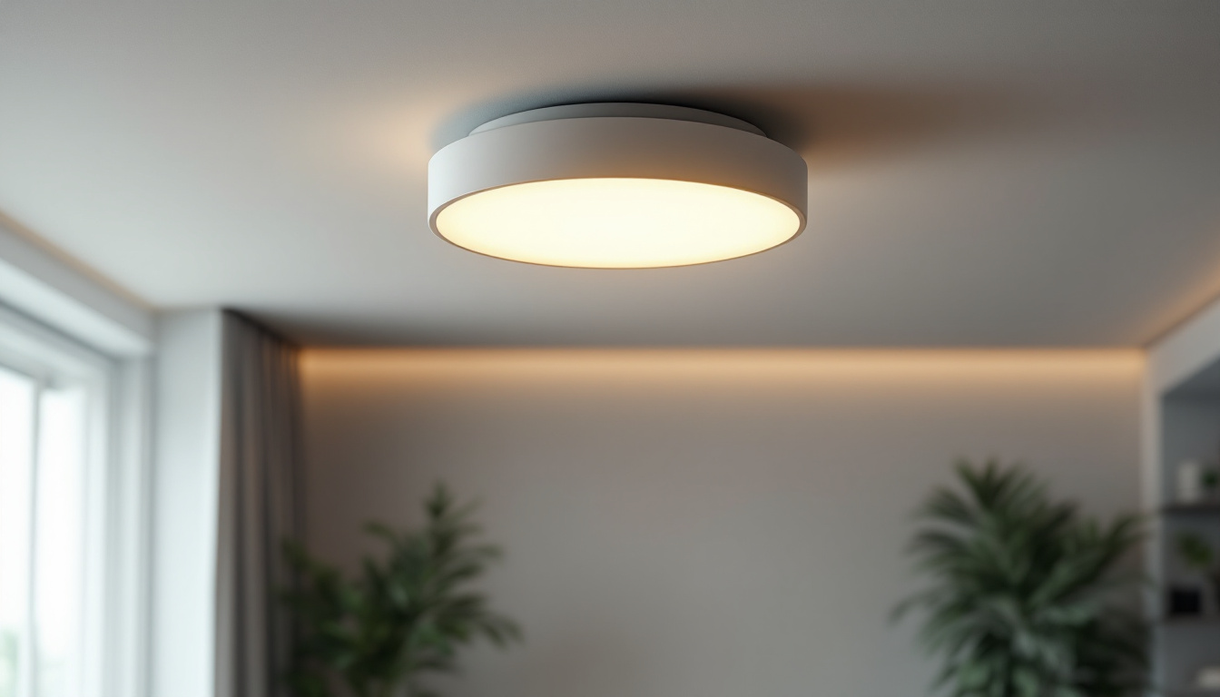 A photograph of a stylish flush-mounted light fixture illuminating a modern living space