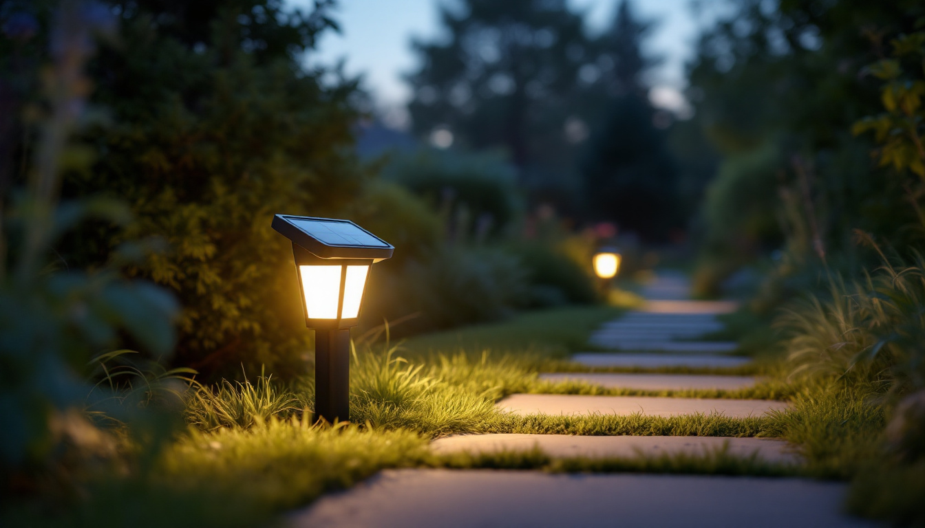 A photograph of a solar-powered outdoor light illuminating a garden pathway at dusk