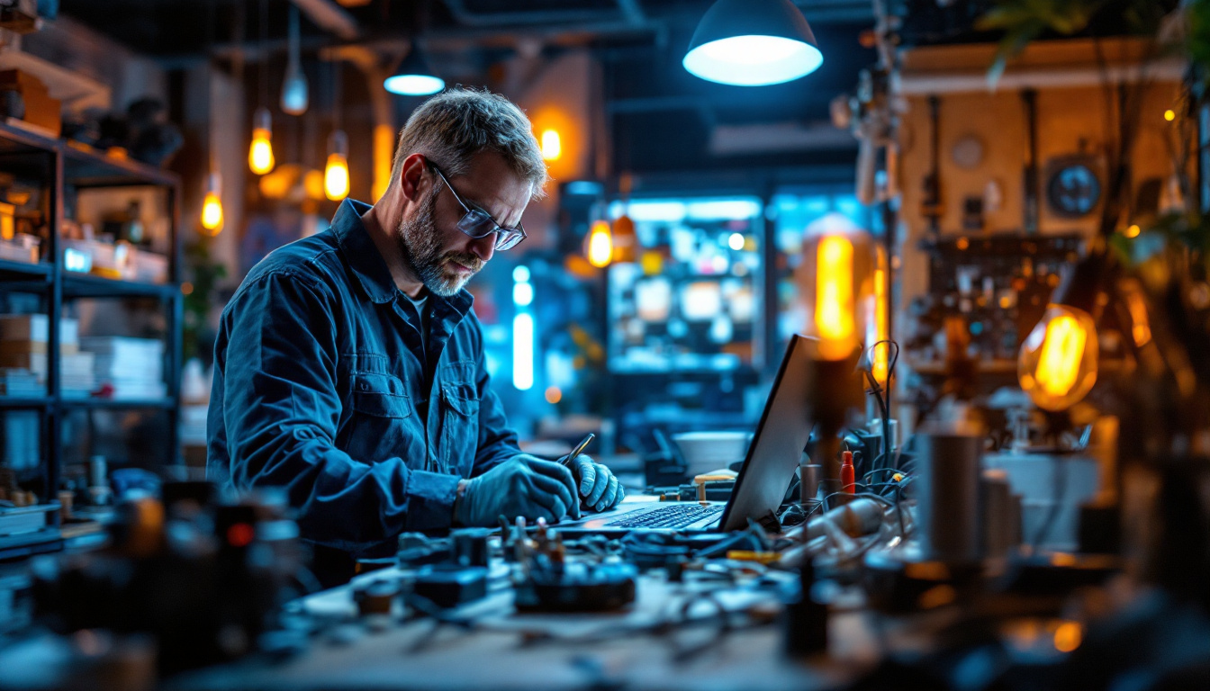 A photograph of a skilled electrical engineer working on a lighting project