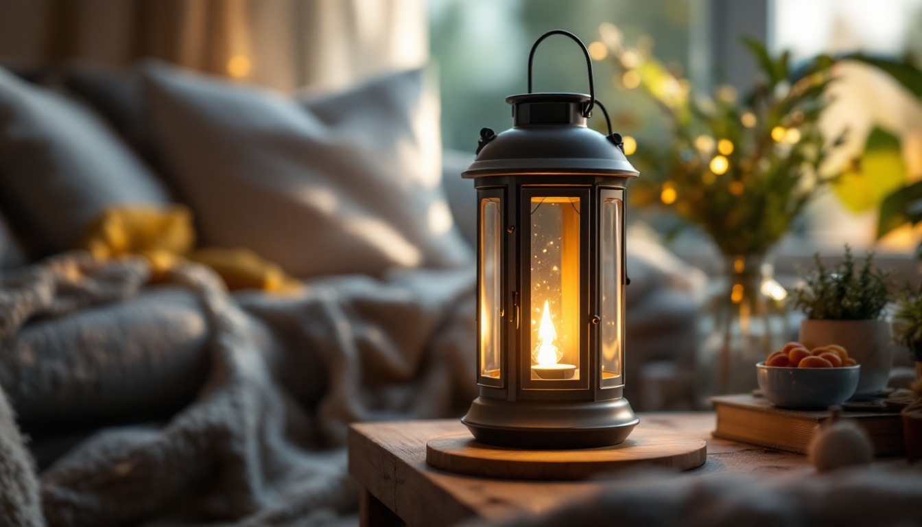 A photograph of a cozy indoor setting featuring a beautifully designed solar lantern casting a warm
