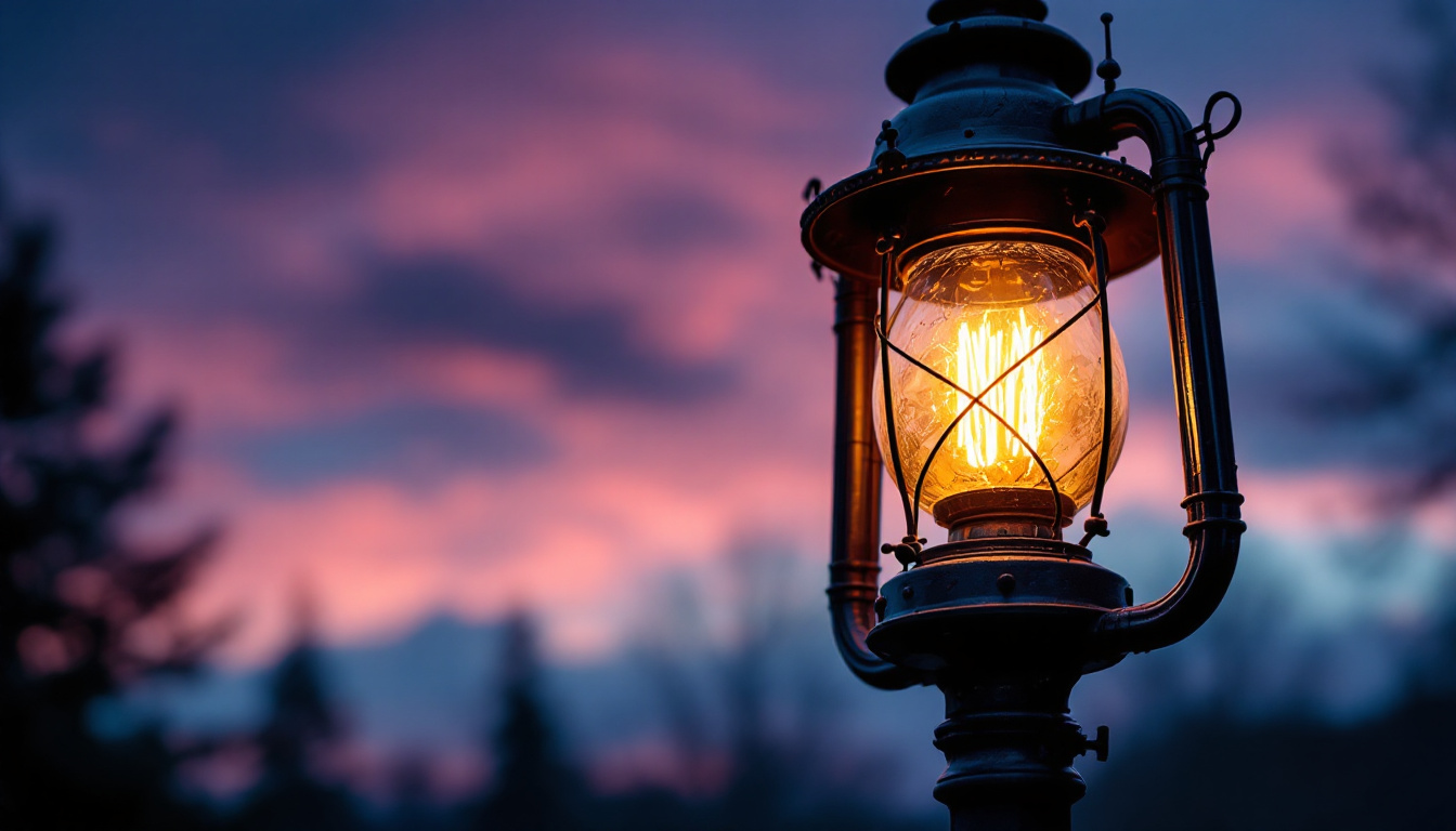 A photograph of a beautifully lit vintage gas light in an atmospheric setting