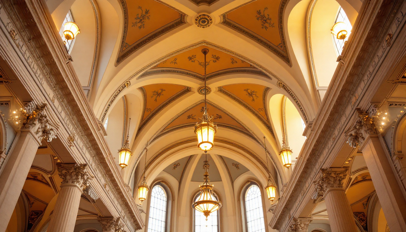 A photograph of a beautifully designed cathedral ceiling featuring elegant ceiling lights