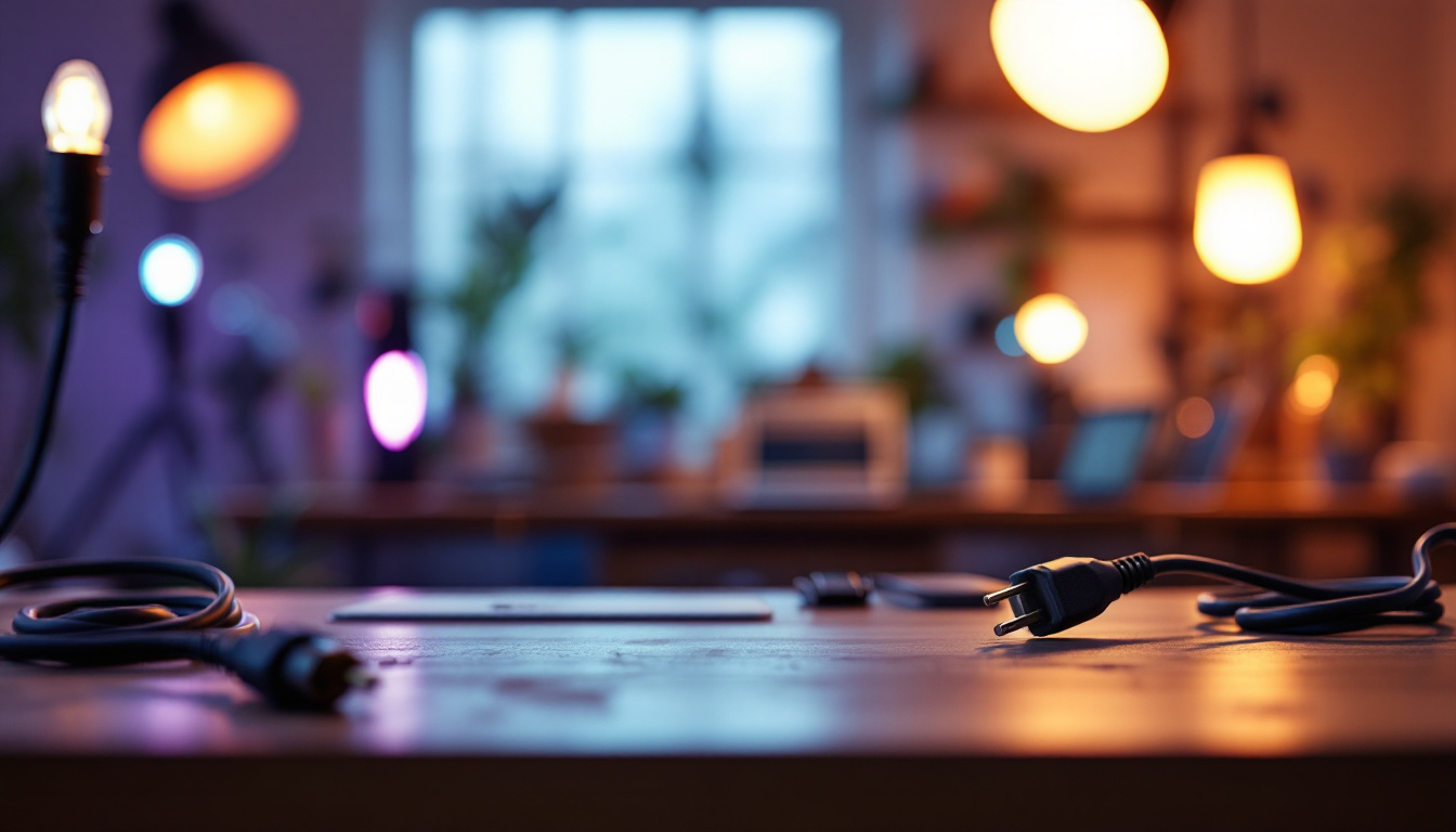 A photograph of a close-up shot of a 120v power cord connected to various lighting fixtures in a well-lit workspace