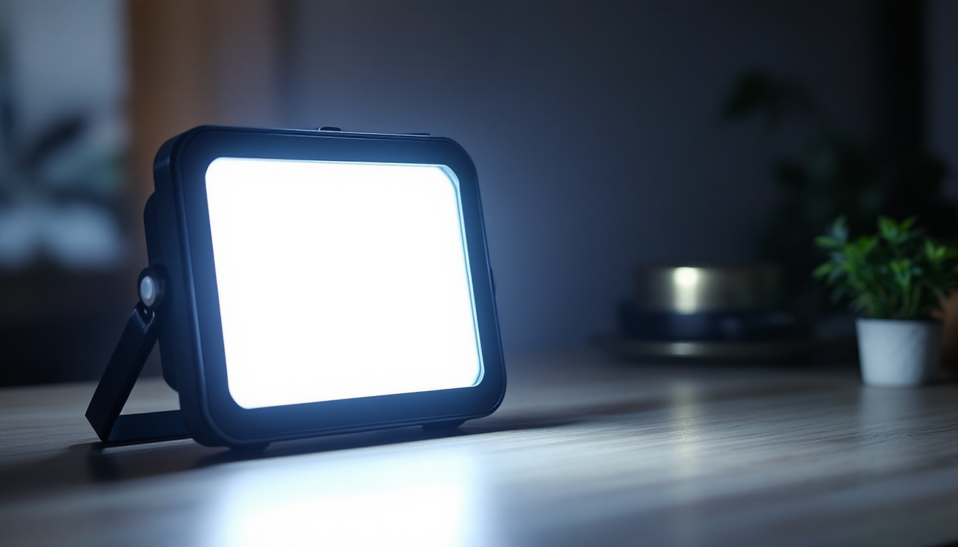 A photograph of a modern emergency led light in a dimly lit environment