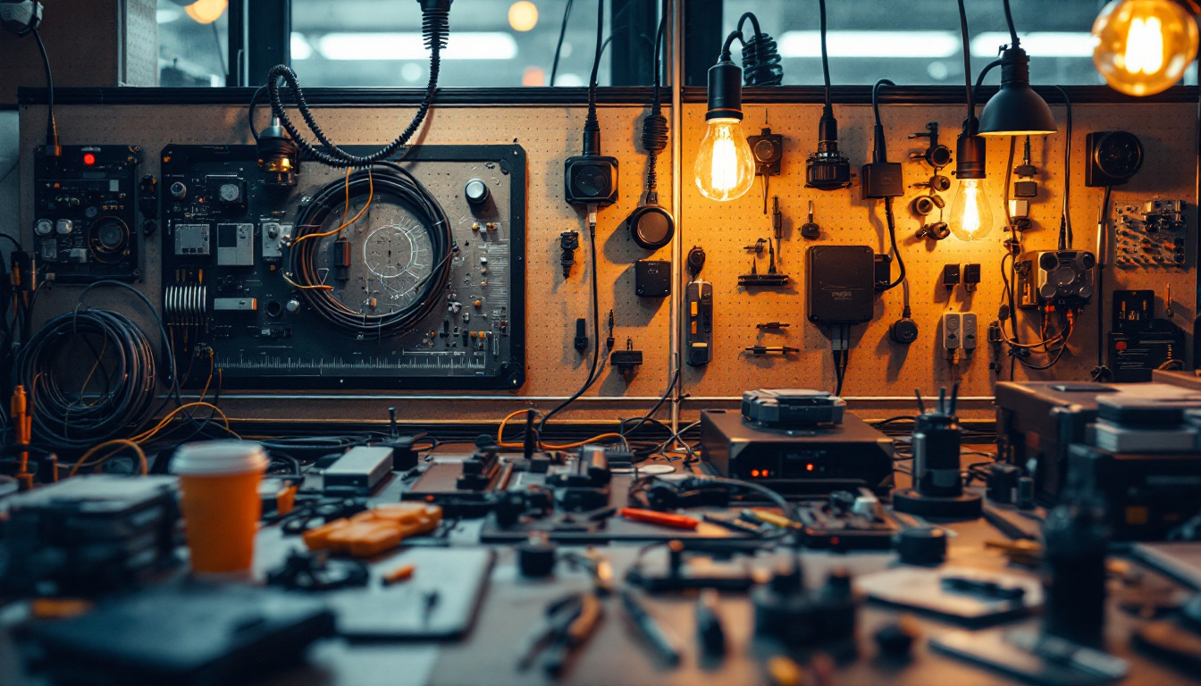 A photograph of a close-up of a well-organized workspace featuring various electric power cords