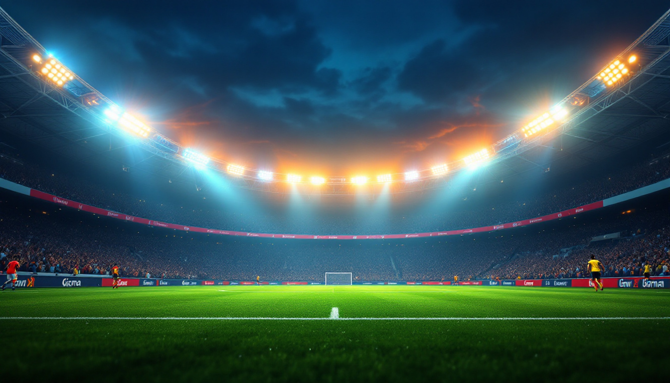 A photograph of a vibrant football field illuminated by advanced lighting systems during a game