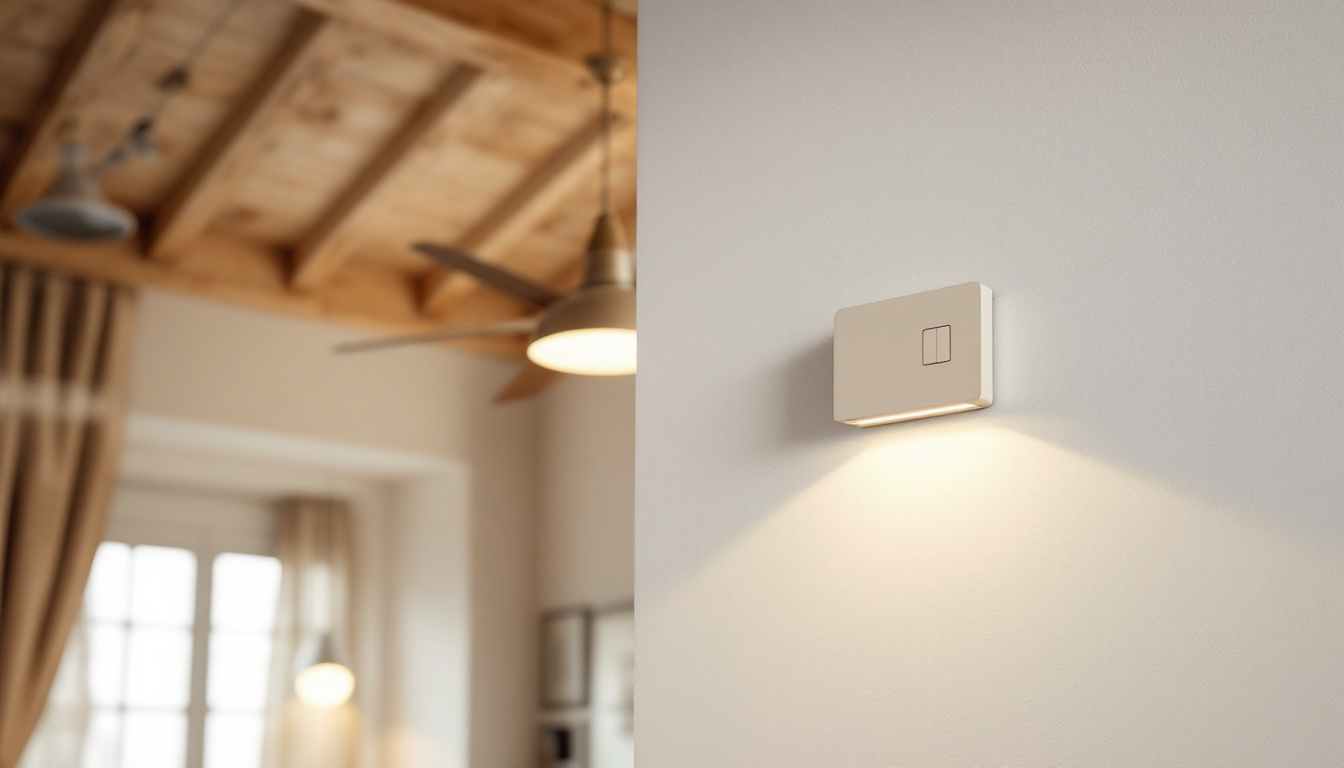 A photograph of a stylish ceiling fan with an integrated light fixture