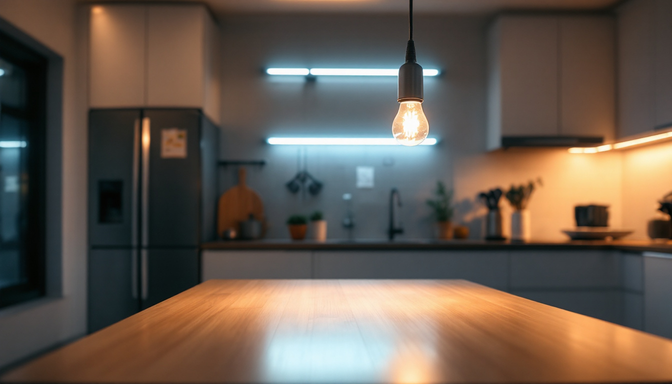 A photograph of a well-lit kitchen featuring a modern fluorescent lighting setup