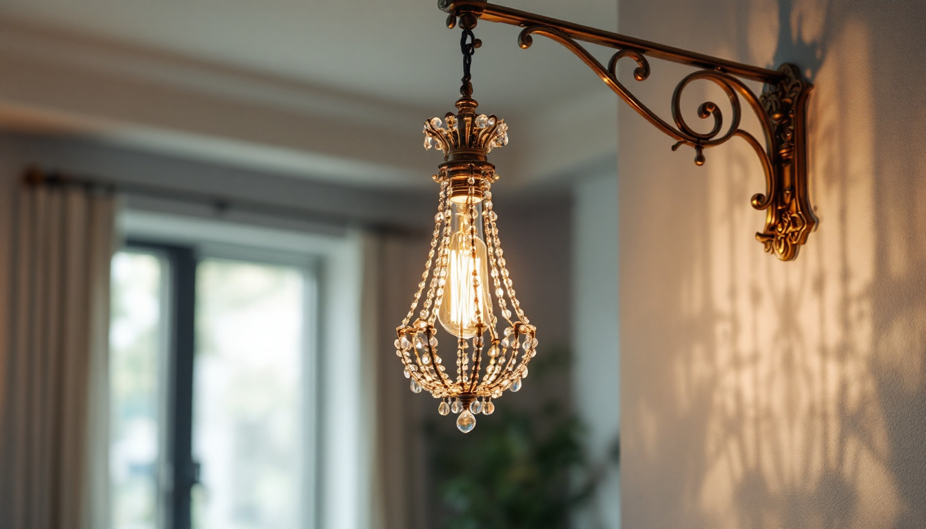 A photograph of a beautifully designed chandelier mounted on an elegant bracket in a well-lit room