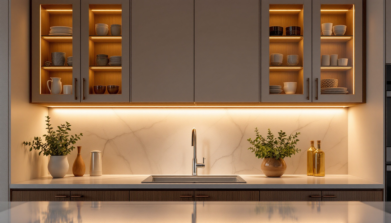 A photograph of a stylish kitchen or cabinet space illuminated with soft