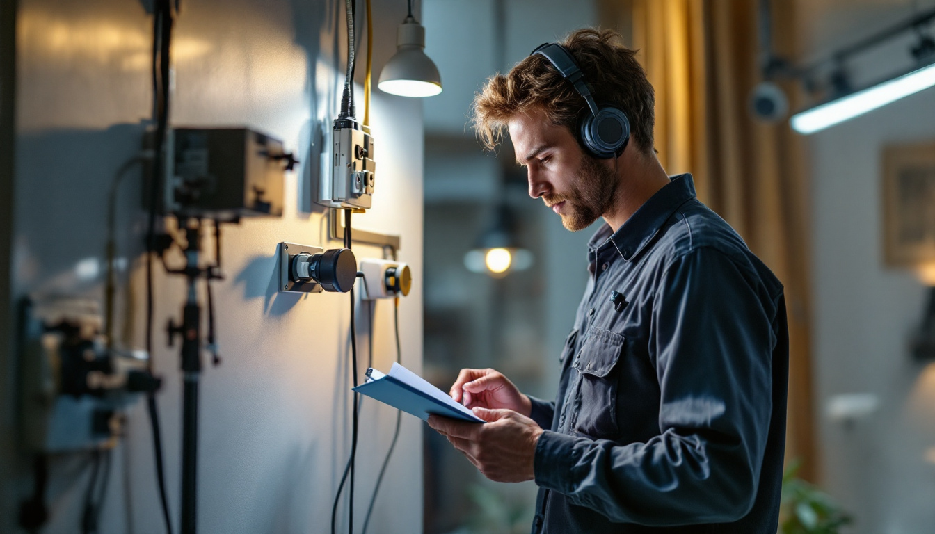A photograph of a lighting engineer meticulously reviewing a checklist while inspecting a well-lit space featuring various plug and switch configurations