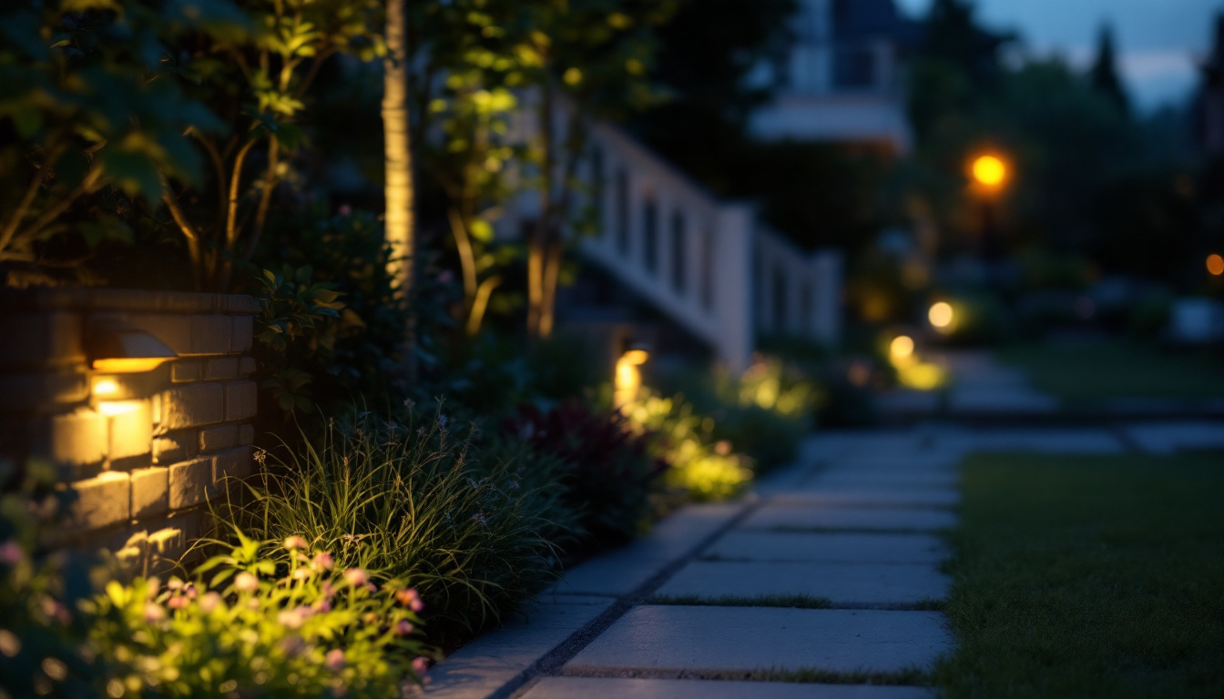A photograph of a beautifully lit outdoor space featuring led flood lights illuminating a garden or patio area at dusk