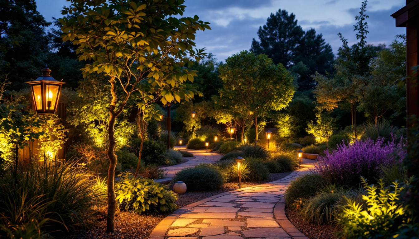 A photograph of a beautifully illuminated garden landscape at dusk
