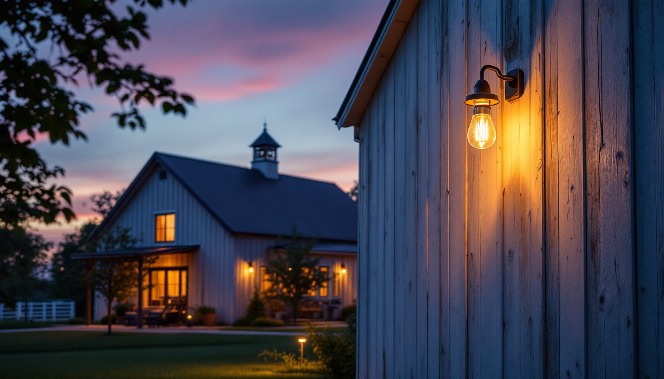 A photograph of a beautifully illuminated barn exterior at dusk