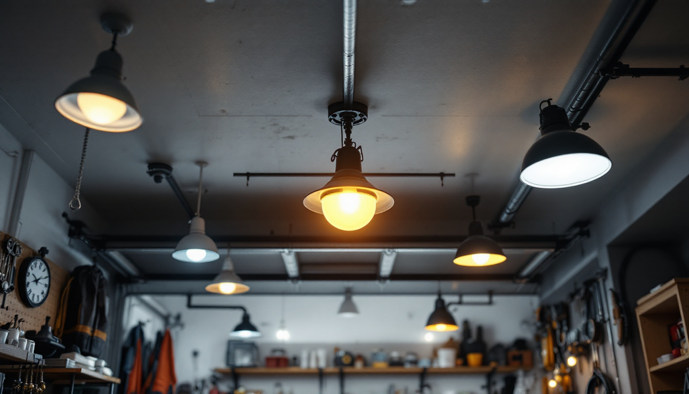 A photograph of a well-lit garage ceiling featuring various types of ceiling lights