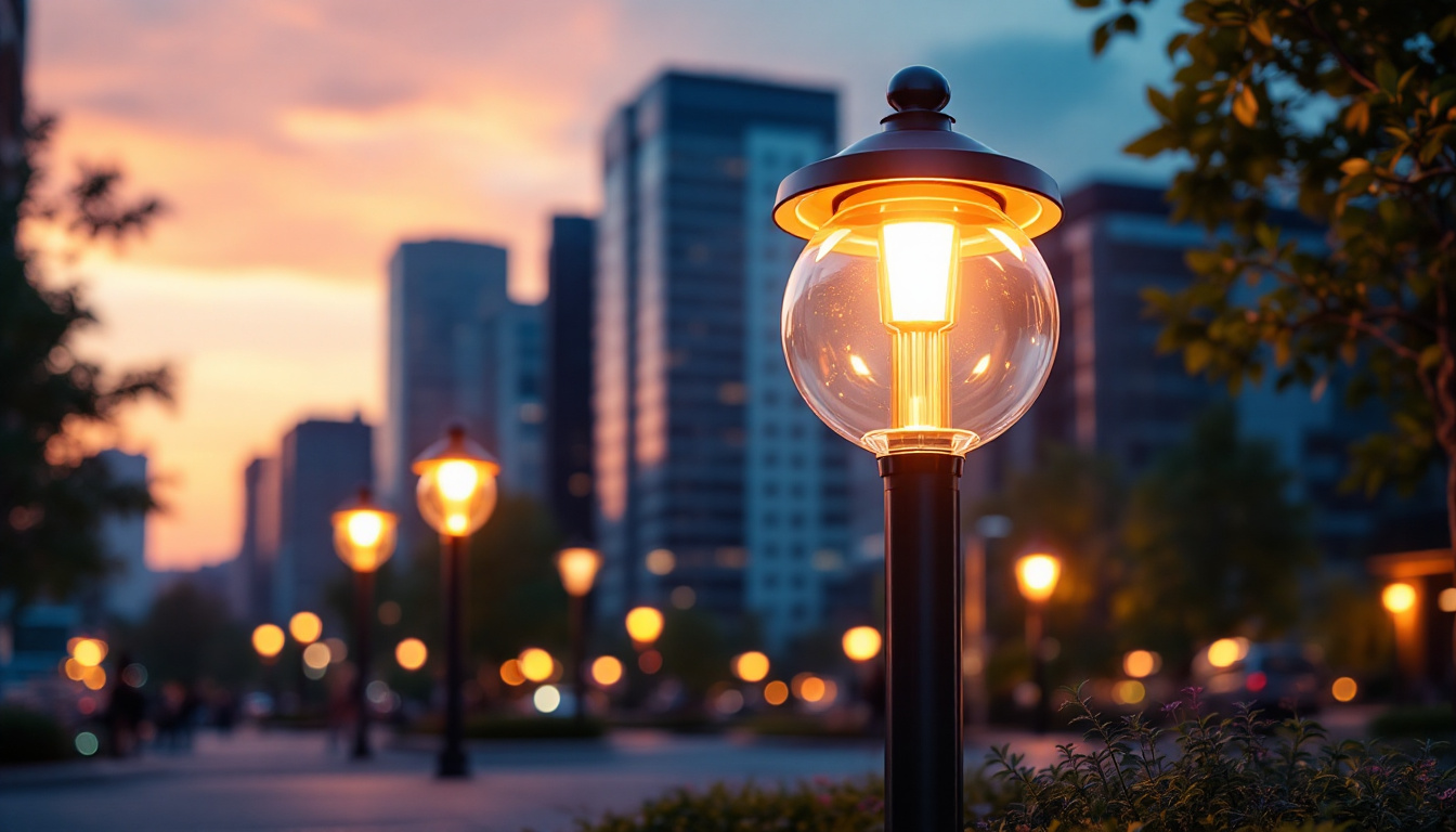 A photograph of a beautifully designed parking lamp illuminating a vibrant urban scene at dusk
