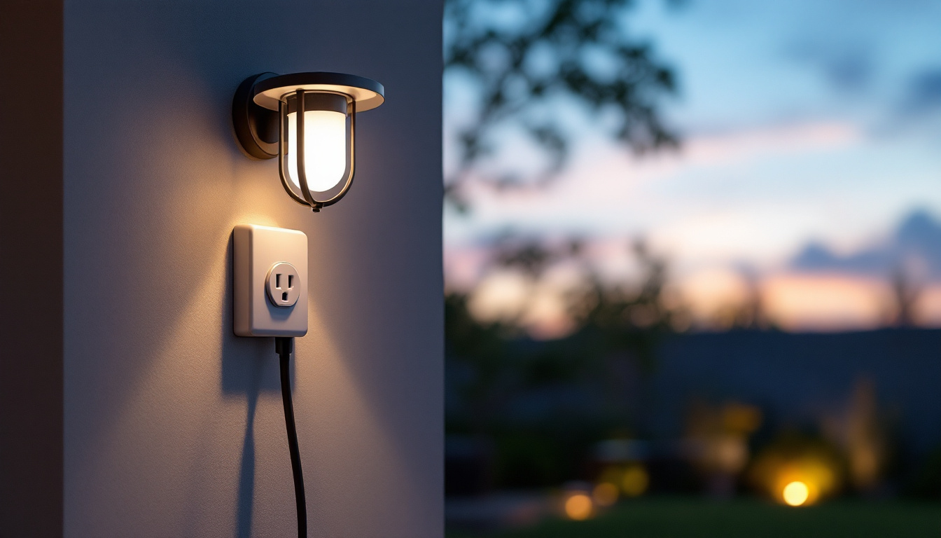 A photograph of a beautifully designed outdoor light fixture with an integrated outlet