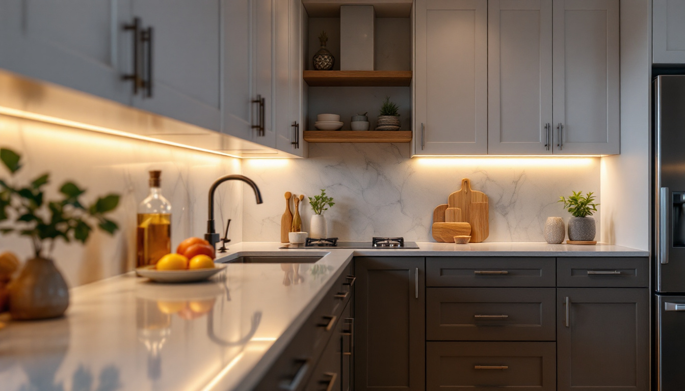 A photograph of a beautifully designed kitchen featuring under-cabinet lighting that highlights the countertops and creates a warm