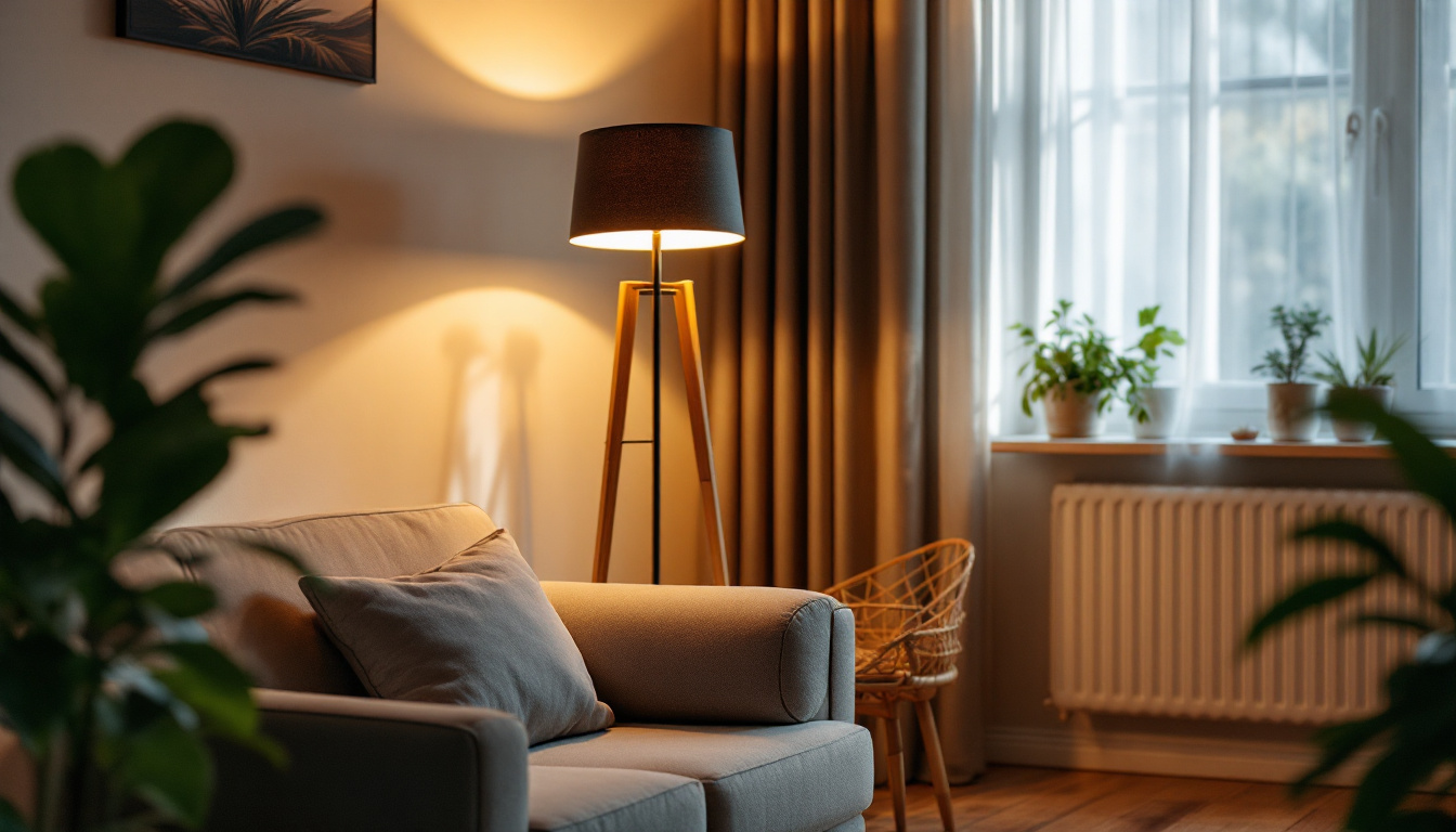 A photograph of a stylish and modern floor lamp in a cozy living space