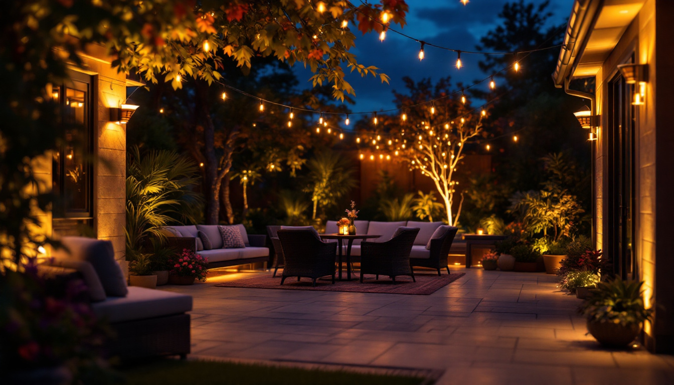 A photograph of a beautifully illuminated outdoor patio scene at dusk