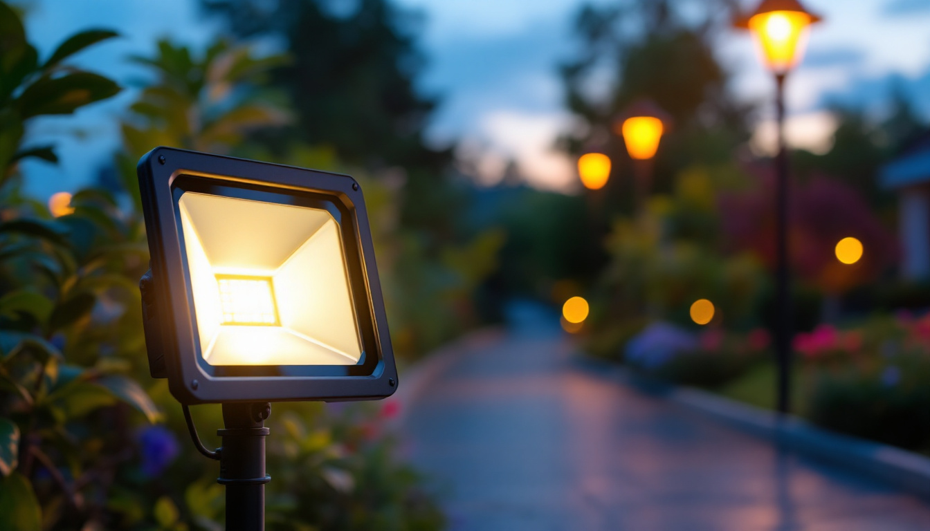 A photograph of a solar-powered floodlight illuminating a vibrant outdoor space at dusk