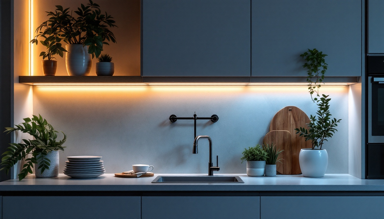 A photograph of a beautifully lit kitchen cabinet showcasing sleek led strip lights illuminating stylish dishware and decor