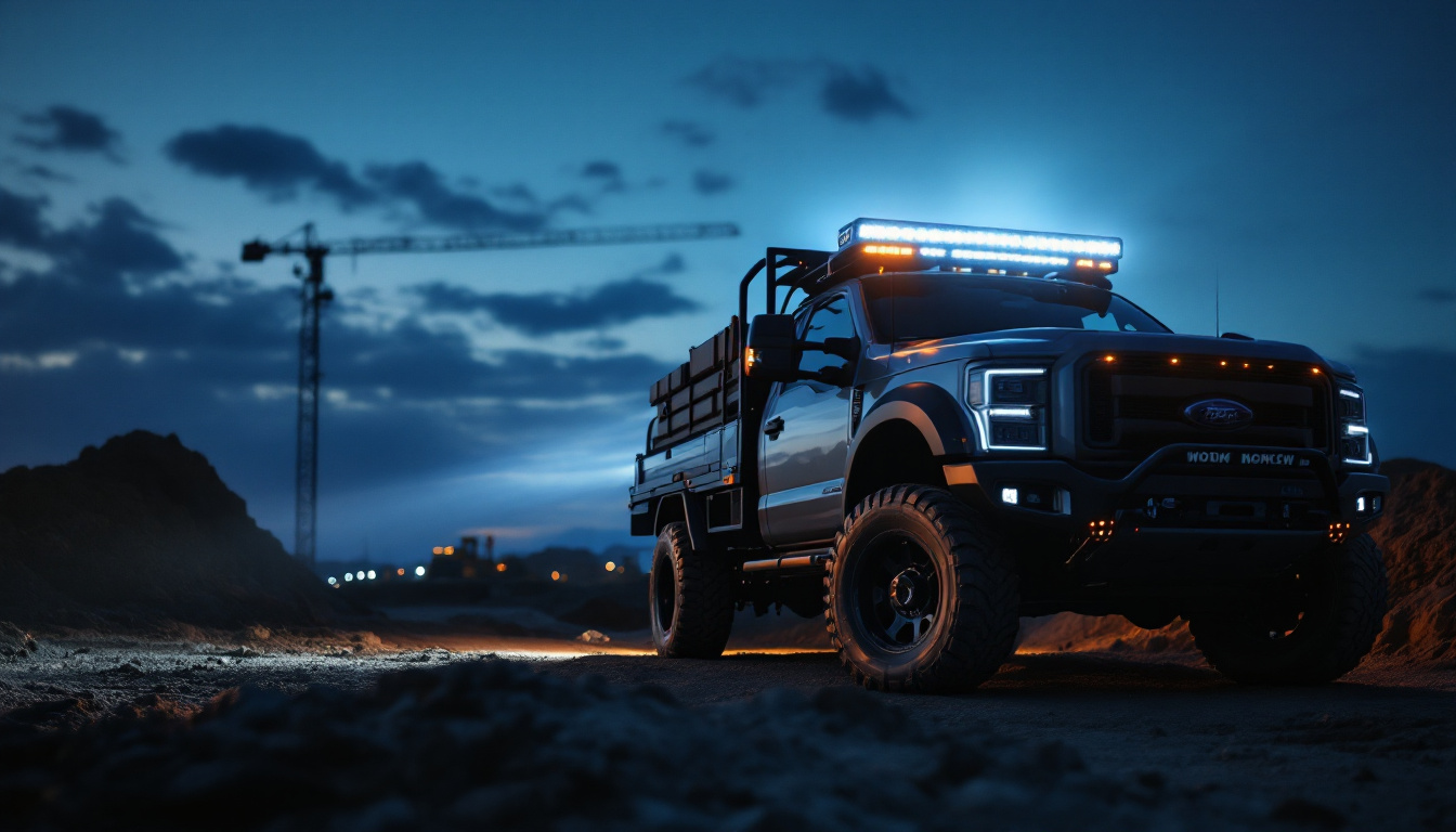 A photograph of a rugged truck equipped with high-quality led work lights illuminating a construction site at dusk