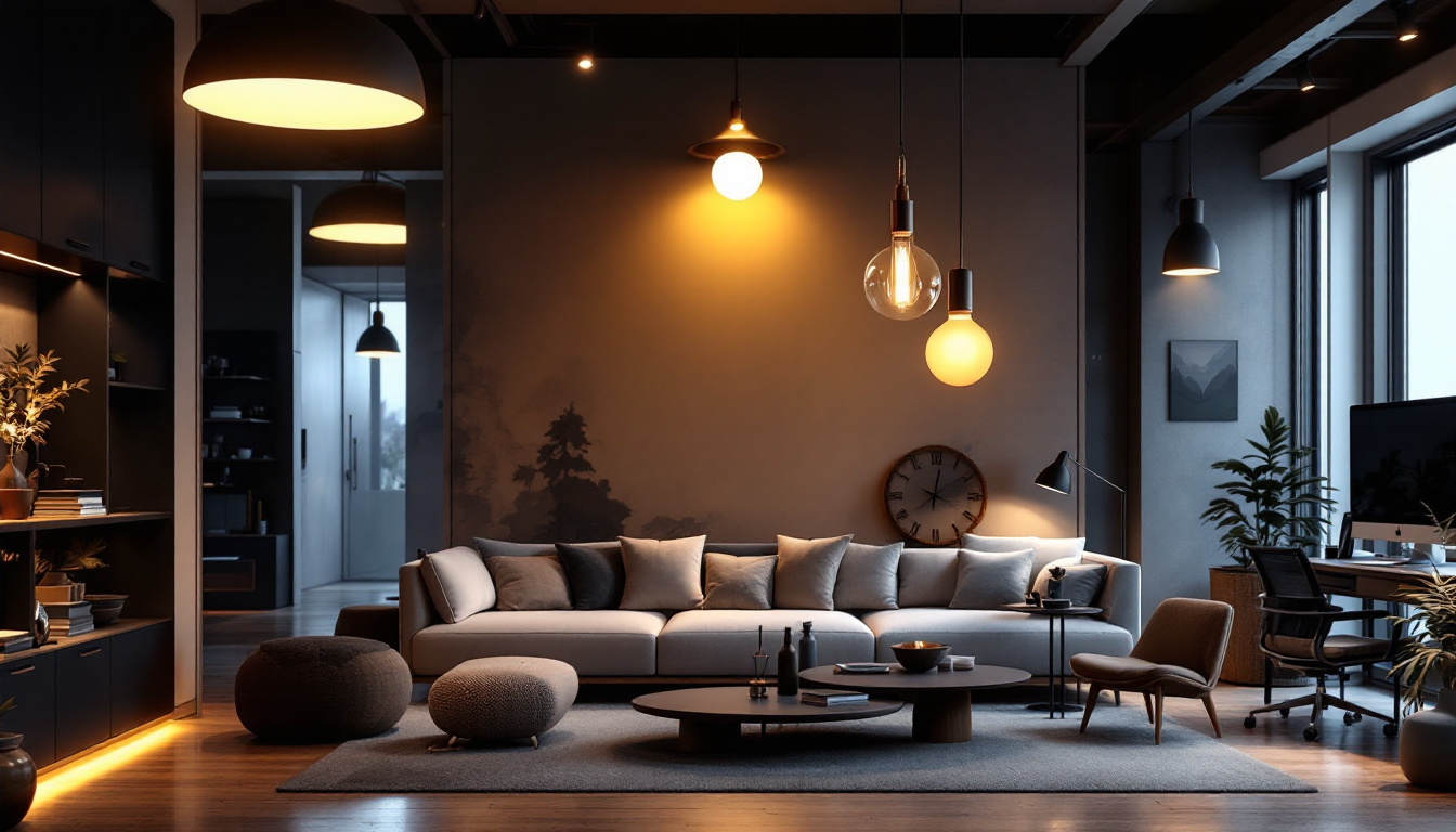 A photograph of a modern lighting installation in a stylish interior setting