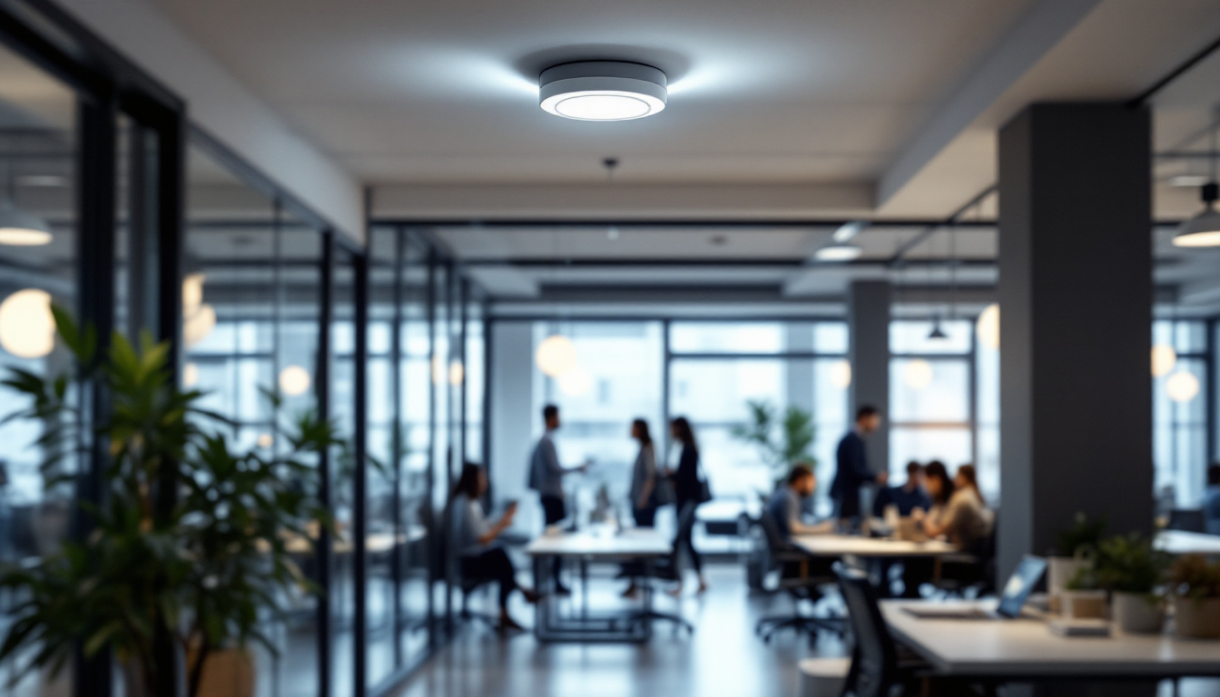A photograph of capture a photograph of a ceiling mount occupancy sensor installed in a modern office or commercial space