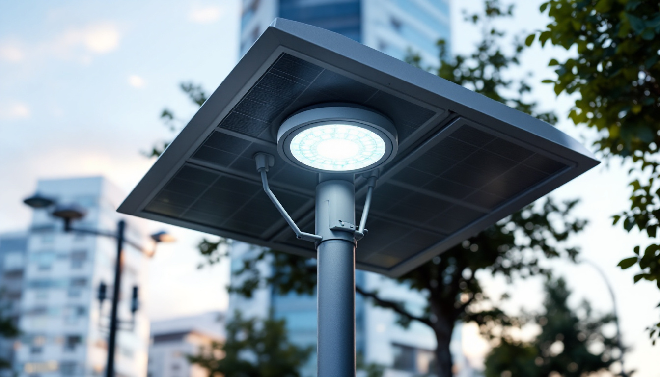 A photograph of a solar light pole installed in an urban or park setting