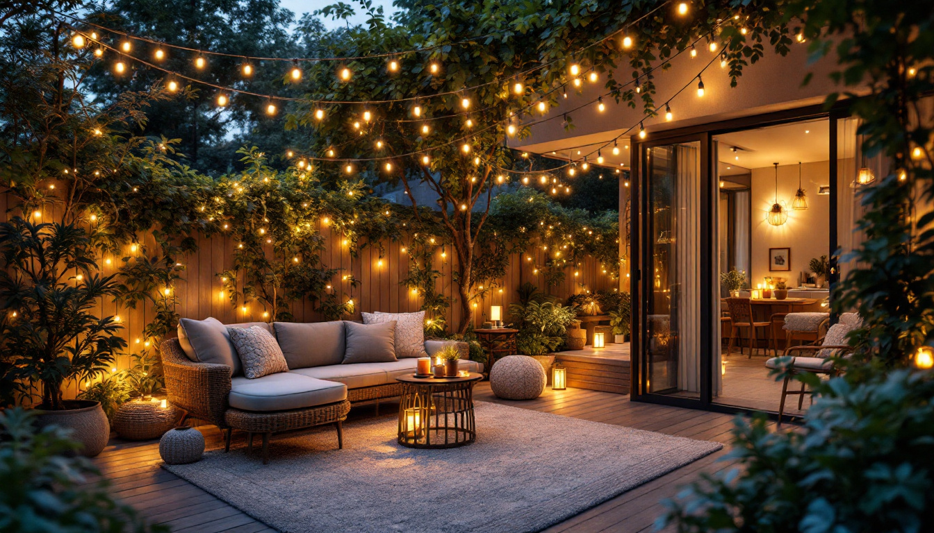 A photograph of a cozy outdoor patio scene illuminated by softly glowing string lights