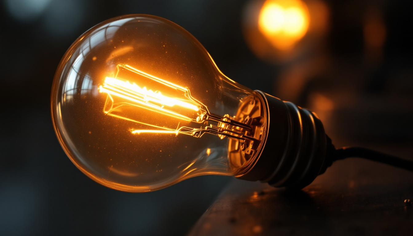 A photograph of a close-up view of a light bulb with its ballast prominently displayed