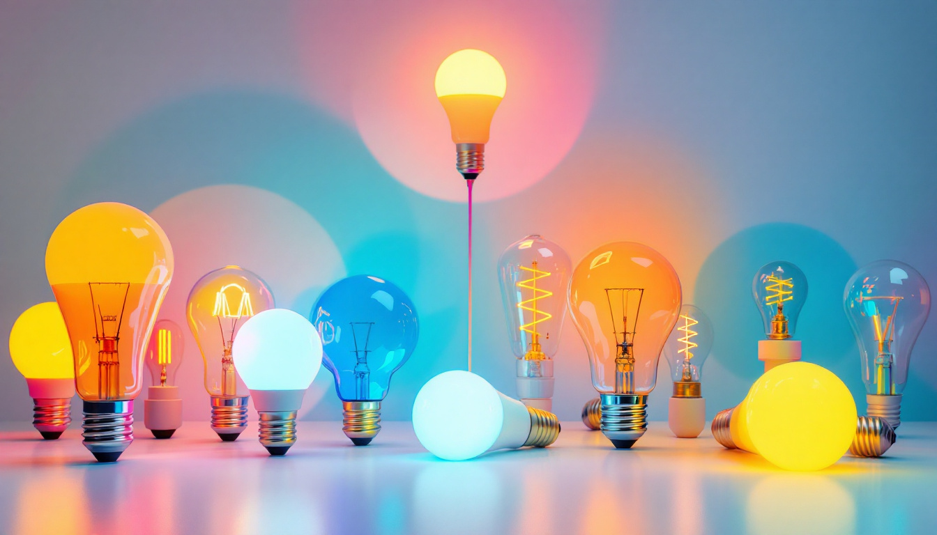 A photograph of a stylishly arranged display of various lamp light bulbs