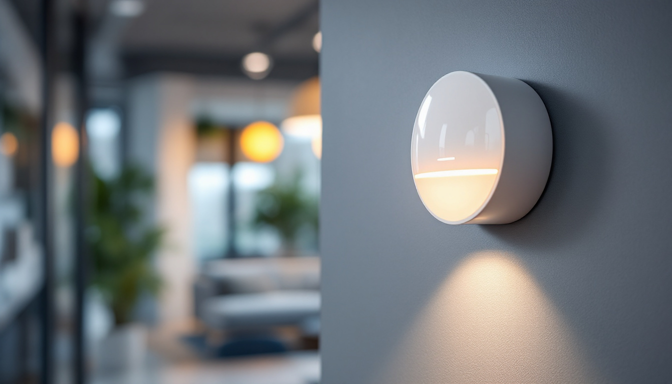 A photograph of a modern occupancy sensor installed in a well-lit office or home environment