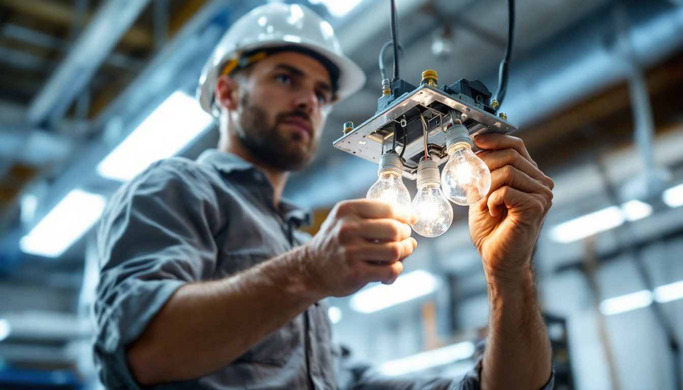 A photograph of a skilled electrician demonstrating the process of bypassing a ballast in a four-bulb fixture