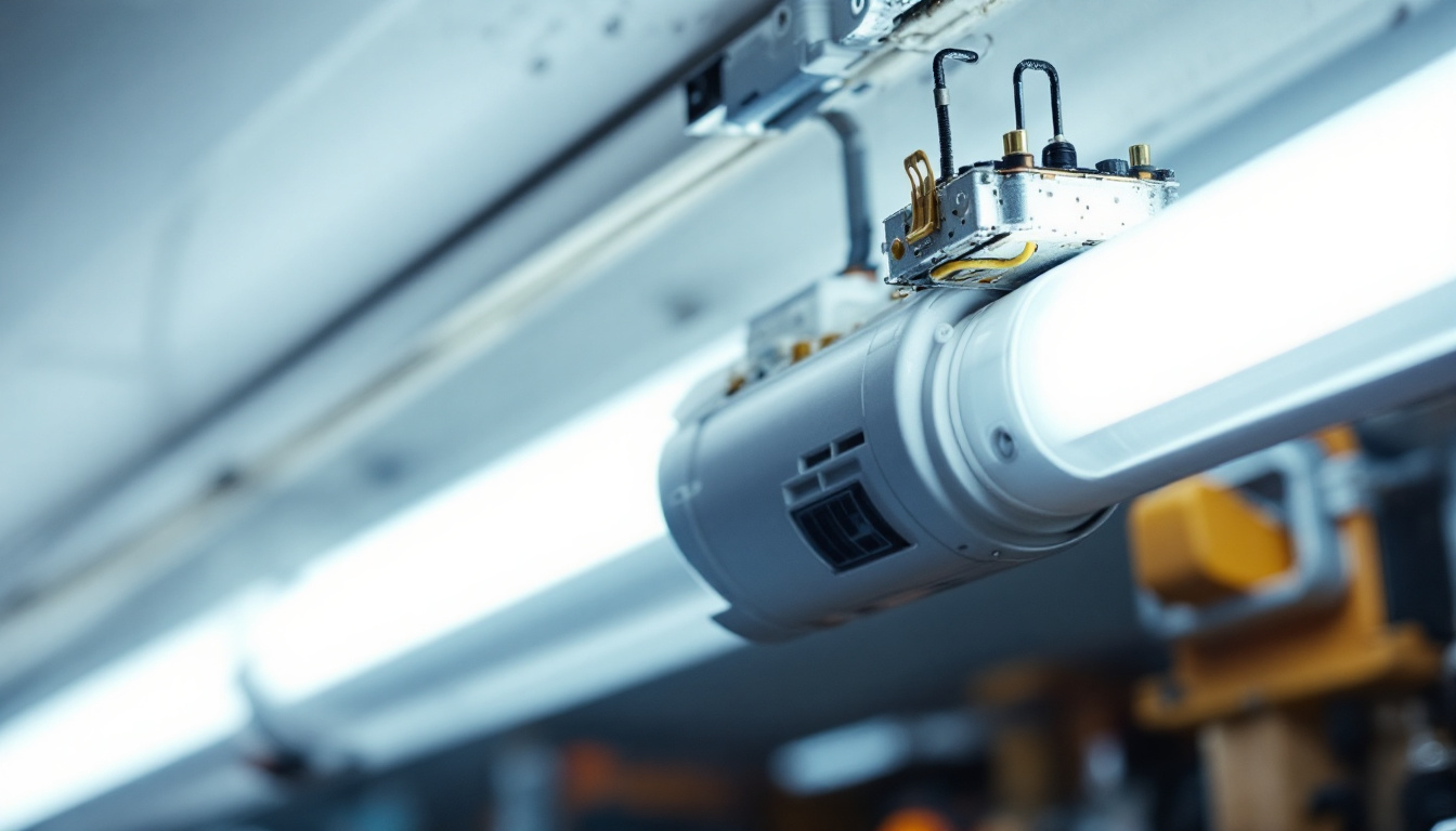 A photograph of a close-up of a fluorescent light fixture being converted to led