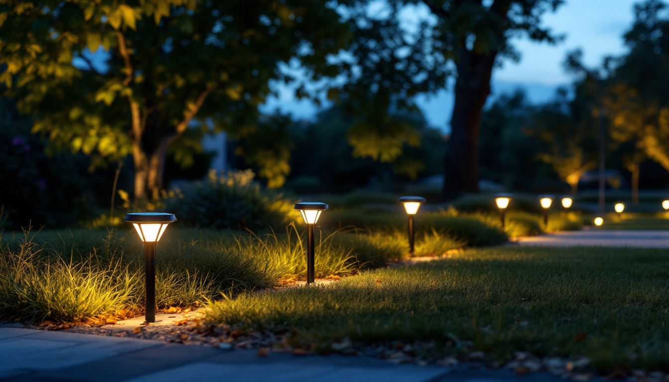 A photograph of a beautifully illuminated outdoor space featuring solar ground lights in action at dusk