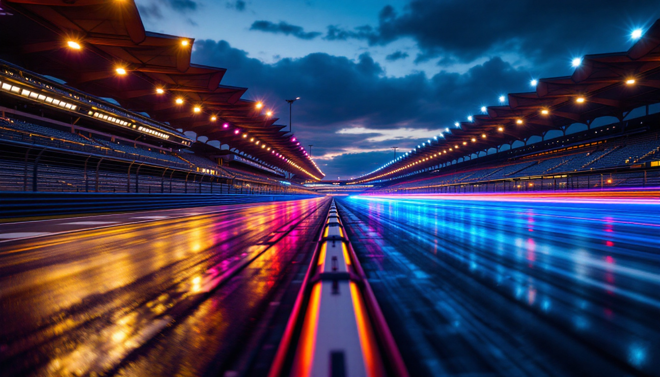 A photograph of a dynamic race track at dusk