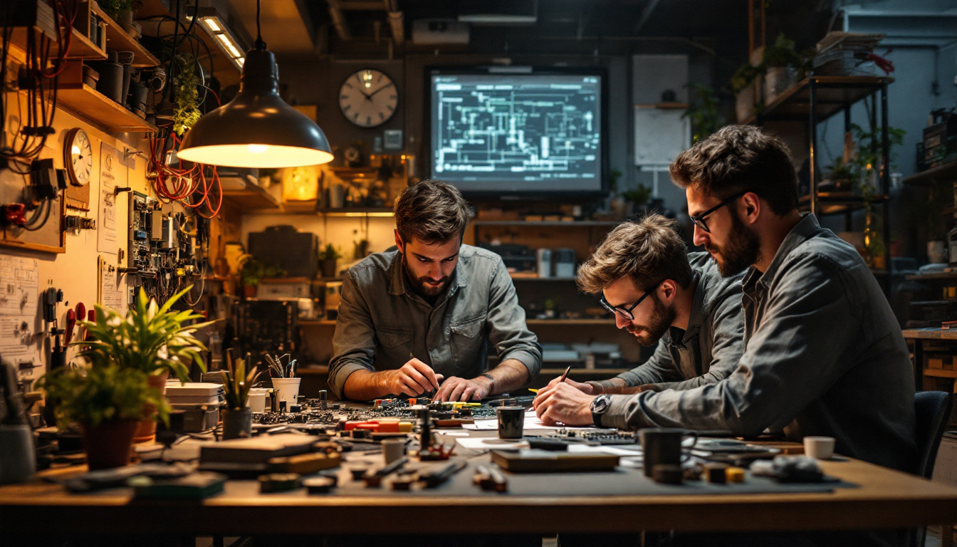 A photograph of a dynamic electrical engineering workspace featuring engineers collaborating on innovative projects