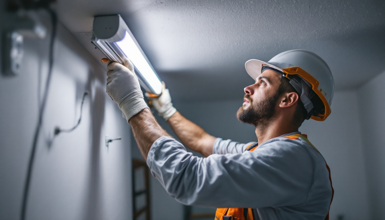 A photograph of a person installing a fluorescent tube light in a well-lit room