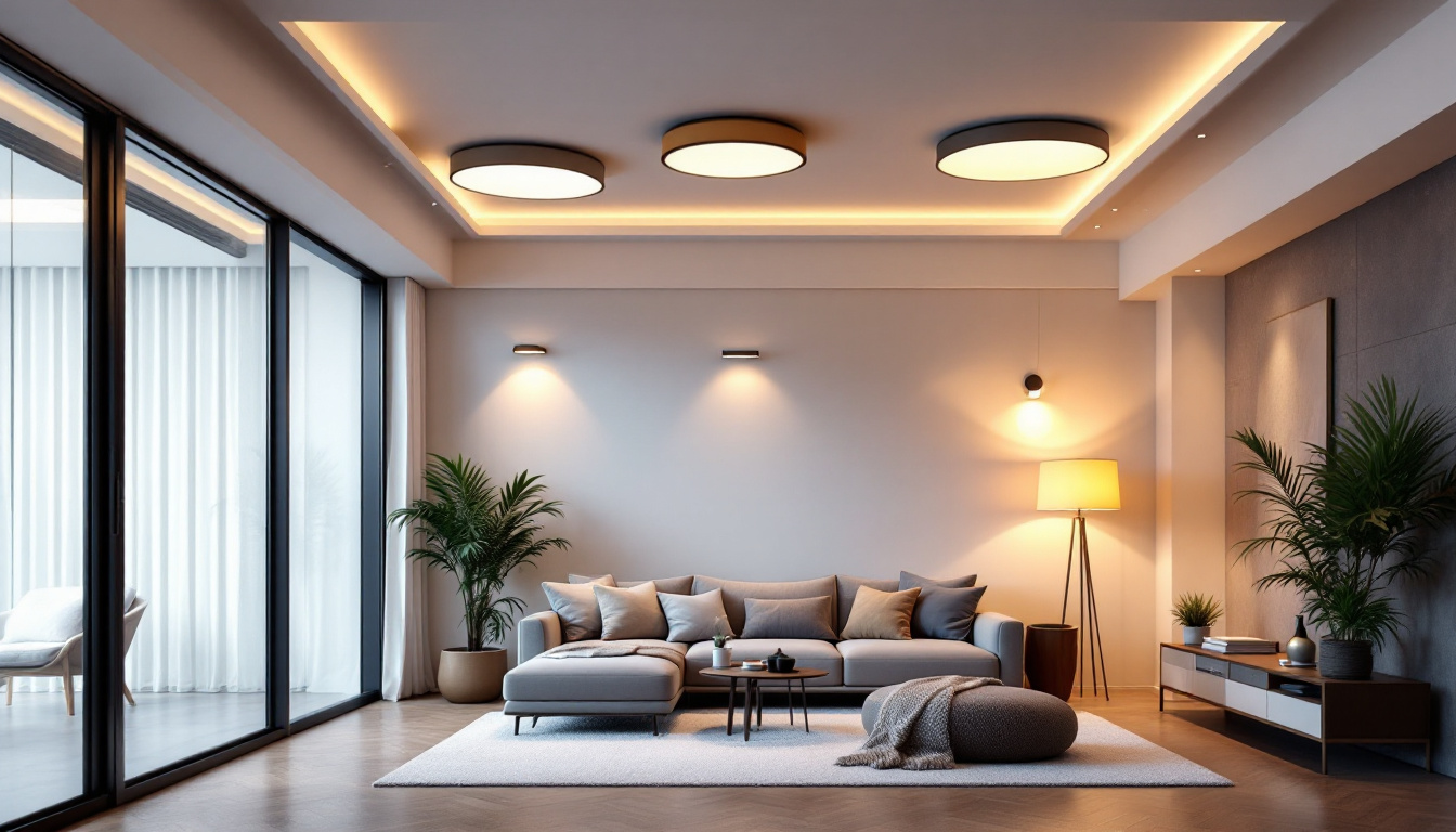 A photograph of a stylishly designed room featuring a variety of low ceiling lights