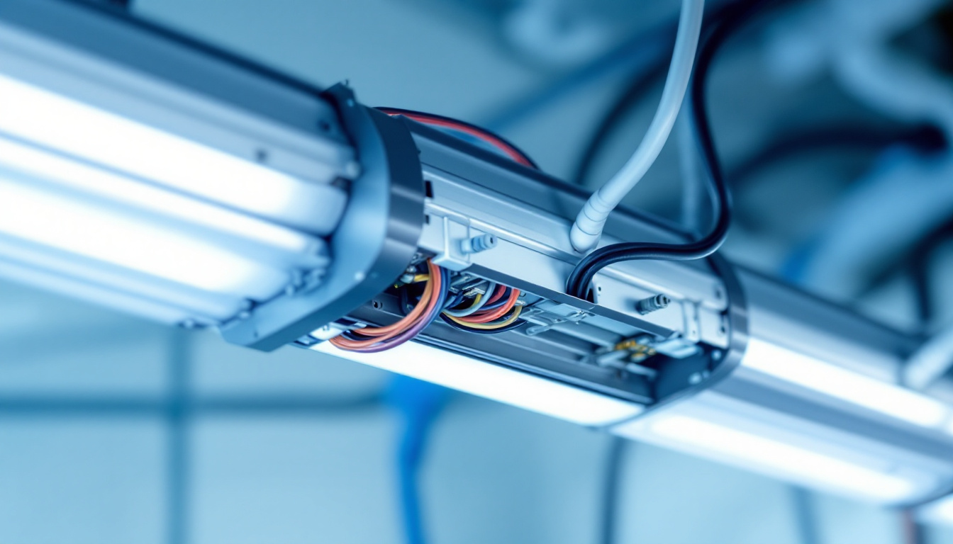A photograph of a close-up view of a fluorescent light fixture with its ballast exposed