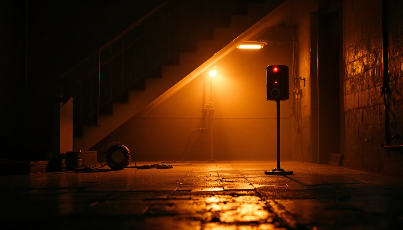 A photograph of a well-lit emergency lighting setup in a dimly lit environment