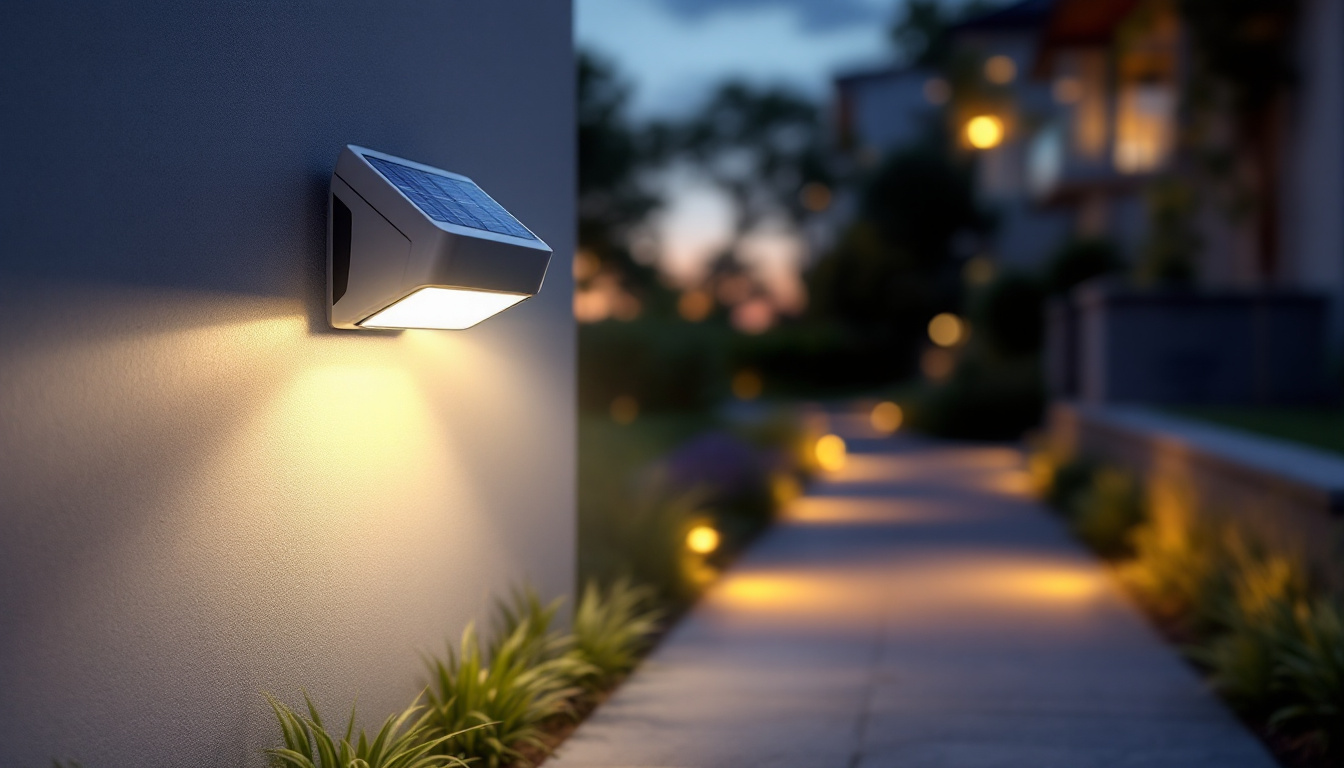 A photograph of a solar security light illuminating a pathway at dusk