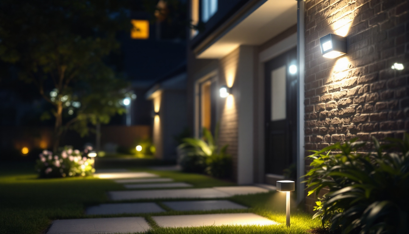 A photograph of a well-lit exterior space showcasing various styles of security lights installed around a home