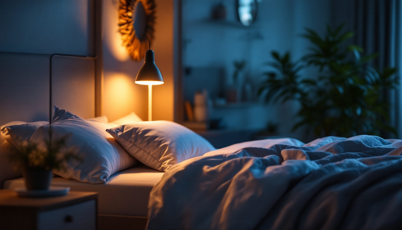 A photograph of a cozy bedroom scene featuring a stylish bed led lamp illuminated softly